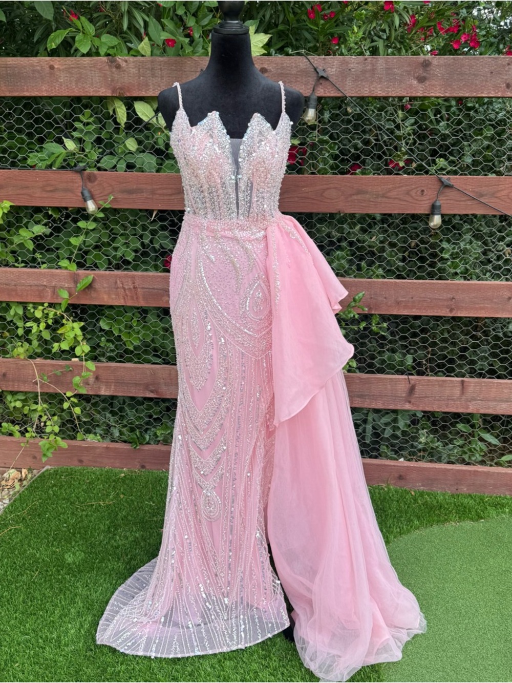 Beaded Pink Prom Gown with Tulle Side Drape